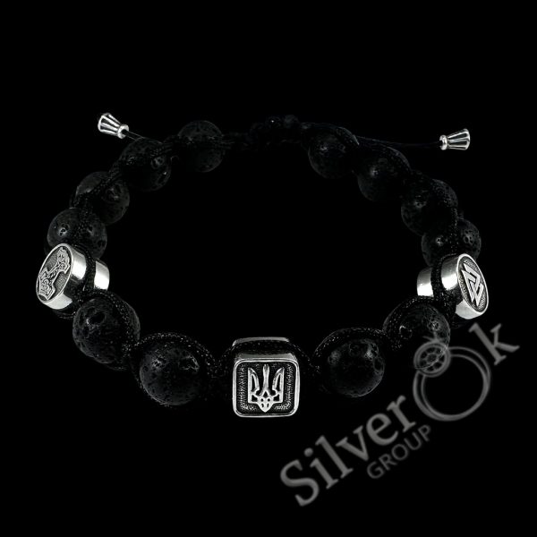Браслет з вулканічною лавою А-75275 (Молот Тора, Тризуб, Валькнут) - Зображення 1